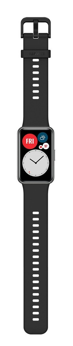 Czarny smartwatch z prostokątnym ekranem i tarczą zegara analogowego.