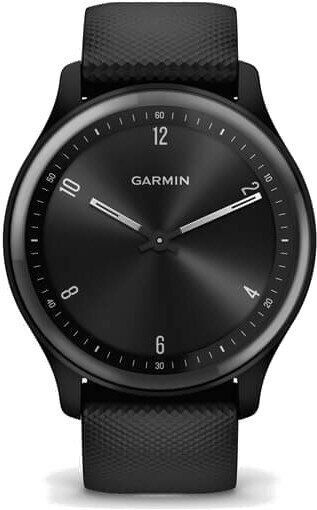 Czarny smartwatch Garmin z okrągłą tarczą, czarnym paskiem i białymi cyframi.