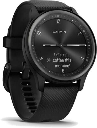 Czarny smartwatch z czarnym paskiem, wyświetlający wiadomość: „Chodźmy na kawę dziś rano!”