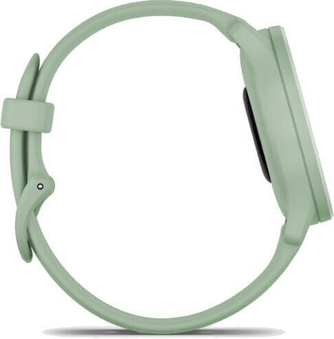 Zielony smartwatch. Widok z boku. Widoczny pasek i tarcza. Jest to profil boczny.