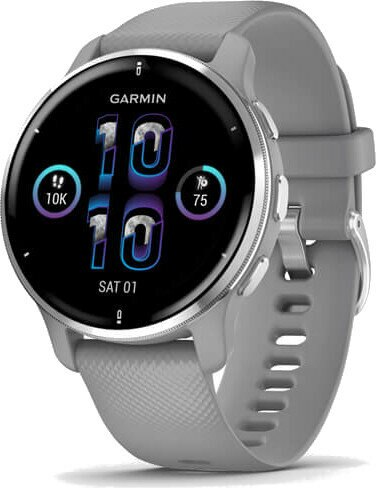 Smartwatch Garmin, szary pasek. Wyświetlacz cyfrowy pokazuje ikony czasu, kroków i tętna.