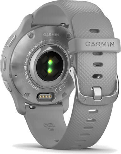 Tył szarego smartwatcha Garmin pokazujący czujniki i szary pasek.