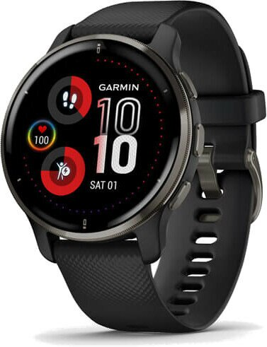 Smartwatch GARMIN Venu 2 Plus (43 mm) niebieskoszara ramka ze stali nierdzewnej z czarną kopertą i silikonowym paskiem 010-02496-11