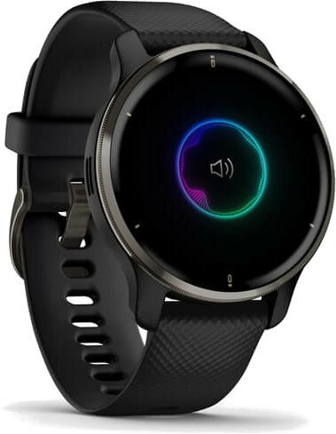 Smartwatch GARMIN Venu 2 Plus (43 mm) niebieskoszara ramka ze stali nierdzewnej z czarną kopertą i silikonowym paskiem 010-02496-11