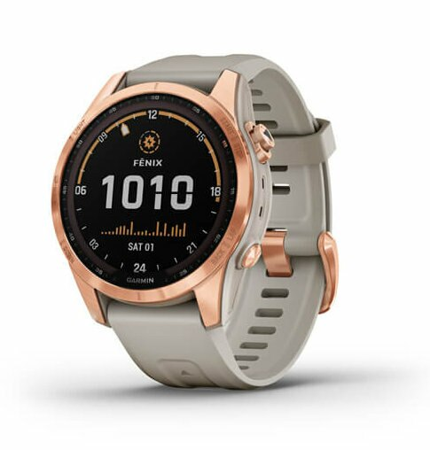 Szary i różowo-złoty smartwatch. Wyświetla godzinę, datę i okrągłą tarczę.