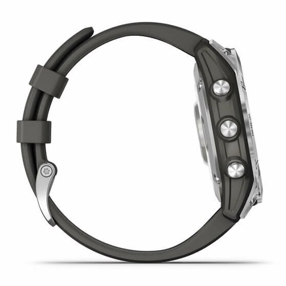 Widok z boku smartwatcha z szarym paskiem i trzema przyciskami. Zegarek jest srebrny i szary.