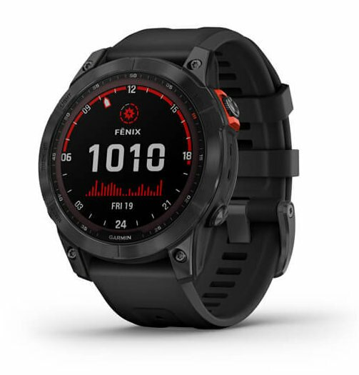 Czarny zegarek Garmin Fenix z czerwonym pierścieniem wokół ramki, wyświetlający godzinę.