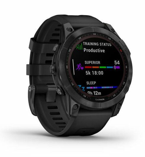 Czarny zegarek Garmin z okrągłym wyświetlaczem. Pokazuje status treningu i metryki.