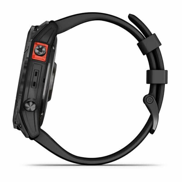 Czarny smartwatch Garmin w profilu, pokazujący boczne przyciski i czerwony akcent na ramce.