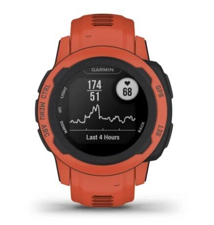 Pomarańczowy zegarek Garmin wyświetlający tętno i inne wskaźniki zdrowia na czarnym ekranie.