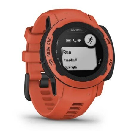 Pomarańczowy smartwatch Garmin Instinct. Ekran wyświetla opcje Bieganie, Bieżnia i Siła.