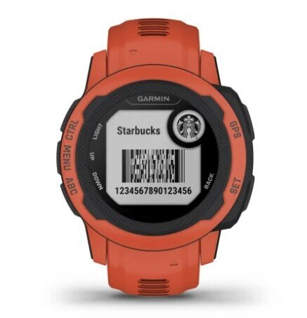 Pomarańczowy smartwatch Garmin wyświetlający kod kreskowy Starbucks i logo. Zegarek jest pomarańczowy.