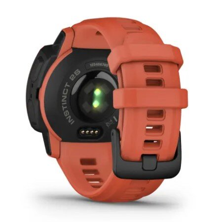 Pomarańczowy smartwatch, tył z czujnikiem tętna.