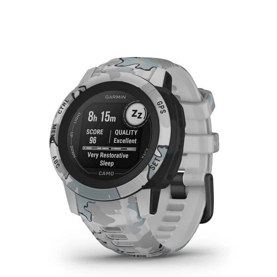 Szary i biały smartwatch Garmin wyświetlający wskaźniki snu na białym tle.