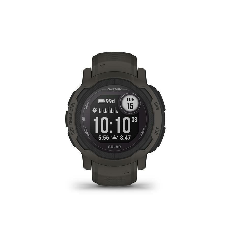 Czarny zegarek Garmin, wyświetlający godzinę, datę i inne wskaźniki. Ma ciemnoszary pasek.