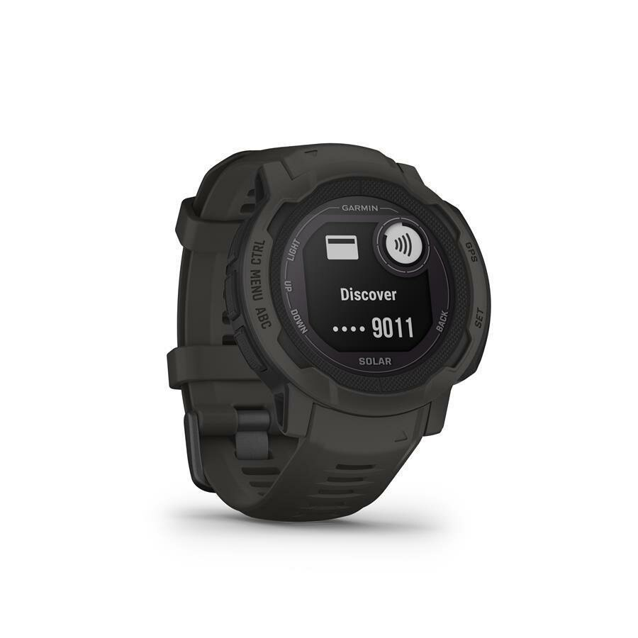 Czarny smartwatch Garmin Instinct 2 Solar z czarnym paskiem i wyświetlaczem.