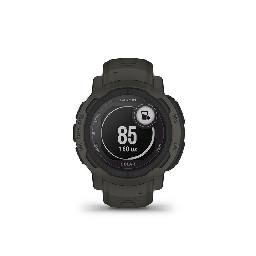 Czarny smartwatch Garmin z cyfrowym wyświetlaczem pokazującym '85' i '160 oz'.