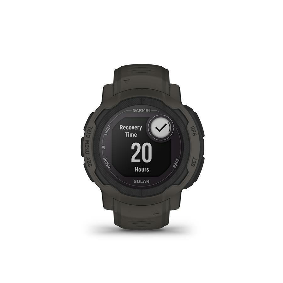 Smartwatch Garmin Instinct w kolorze szarym, wyświetlający czas regeneracji i godziny, na białym tle.