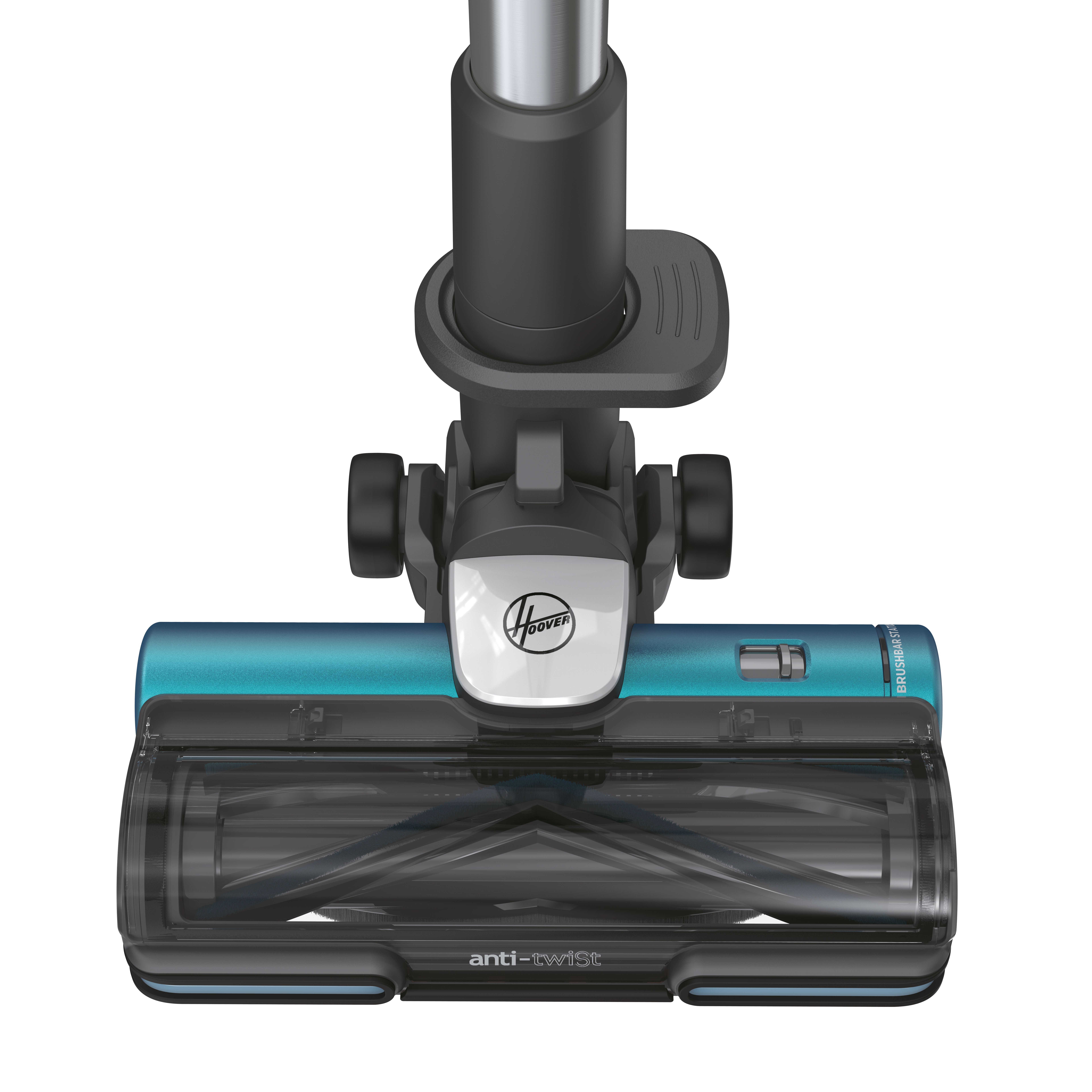 Cabezal de aspiradora con rodillo azul. Logotipo de Hoover visible. Diseño negro y turquesa.
