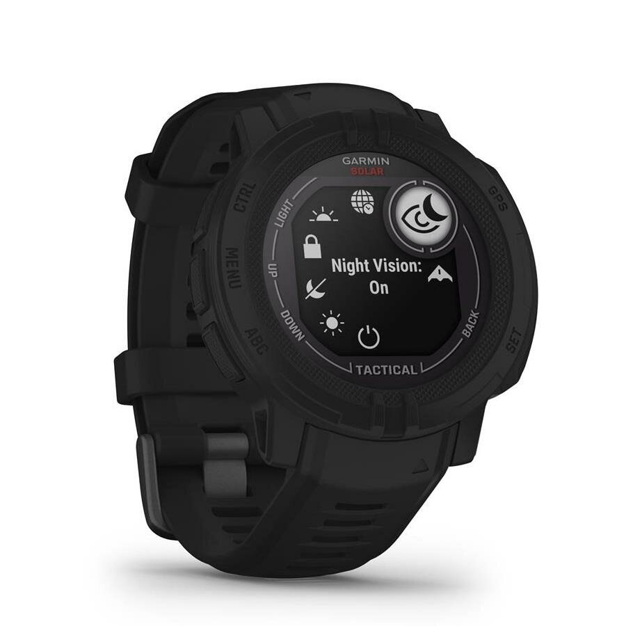 Czarny zegarek Garmin z ekranem wyświetlającym 'Night Vision: On'. Kilka przycisków i czarny pasek.