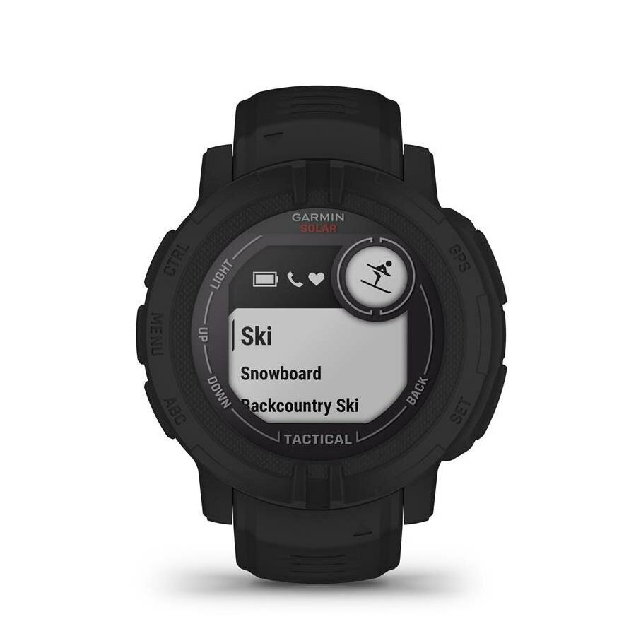 Czarny smartwatch Garmin wyświetlający opcję narty/snowboard. Czarny pasek, widoczne przyciski.