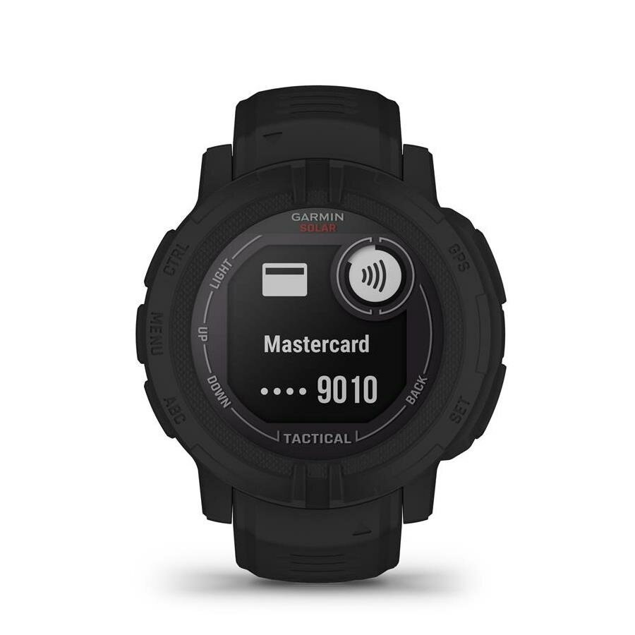 Czarny smartwatch Garmin wyświetlający interfejs Mastercard. Zegarek pokazuje numer karty.