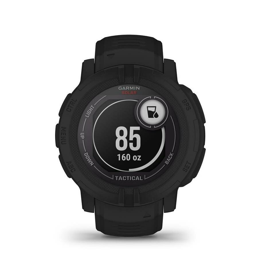 Czarny smartwatch z ekranem pokazującym ikonę kropli wody i liczbę 85. Przyciski są widoczne.