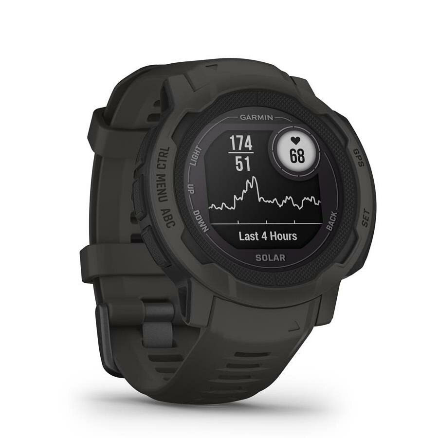 Czarny smartwatch Garmin pokazujący tętno i inne dane. Pokazuje wykres i liczby.