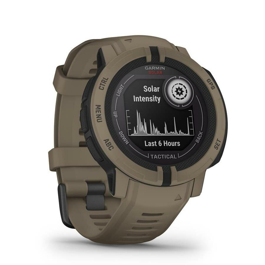 Brązowy zegarek Garmin Solar Tactical pokazuje intensywność słońca z ostatnich 6 godzin.