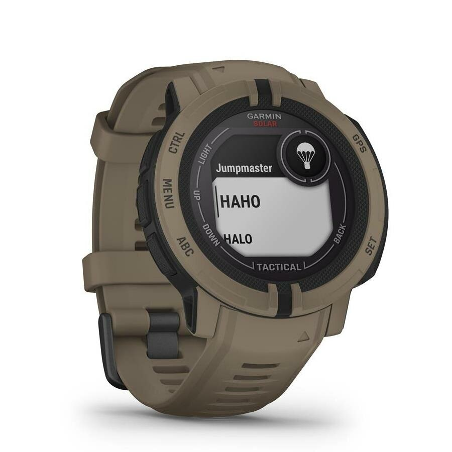 Brązowy taktyczny zegarek Garmin Solar wyświetlający tryb Jumpmaster HAHO/HALO.