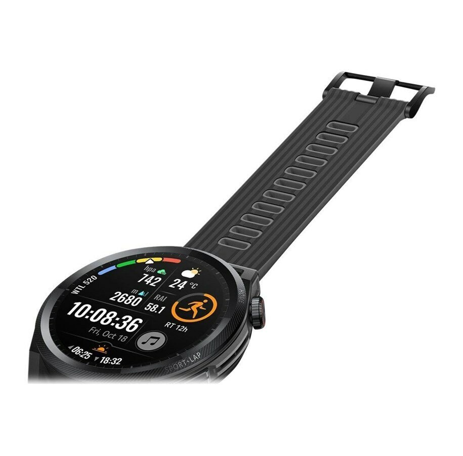 Czarny smartwatch wyświetla czas, datę, pogodę i statystyki aktywności na ekranie.