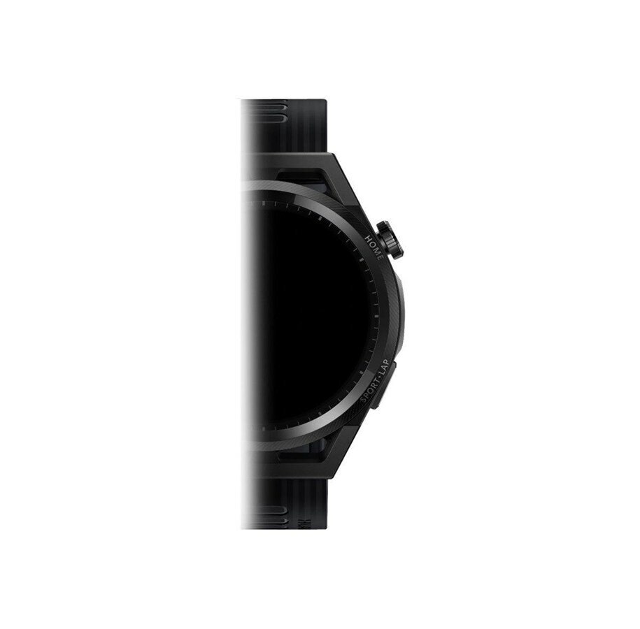 Czarny smartwatch z czarnym ekranem i bocznymi przyciskami.