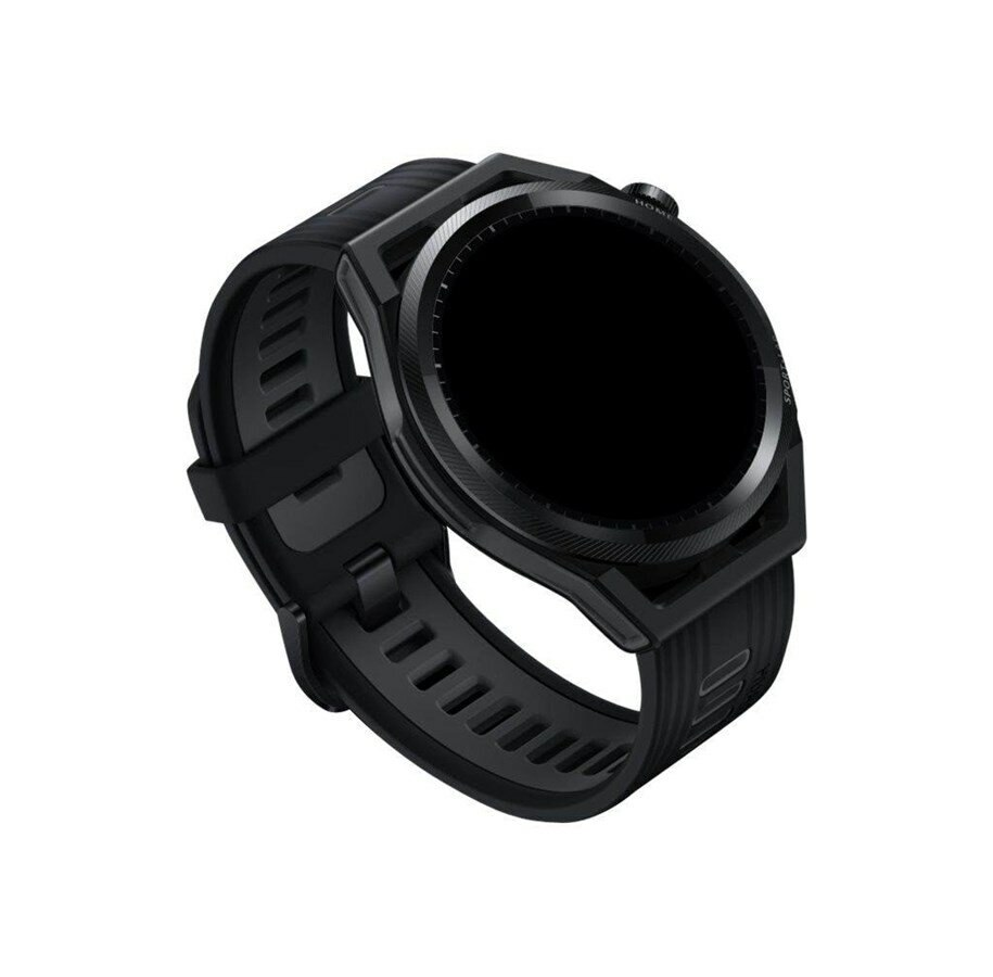 Czarny smartwatch z okrągłą tarczą i czarnym paskiem.