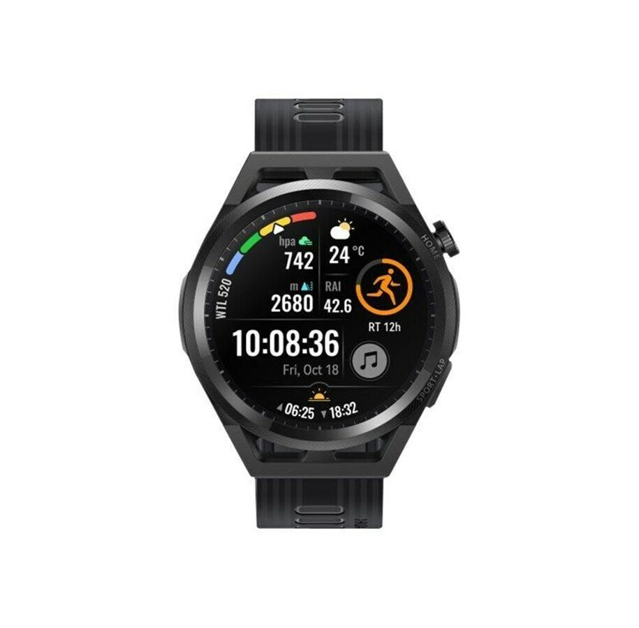 Czarny tracker fitness z ekranem i czarnym paskiem.