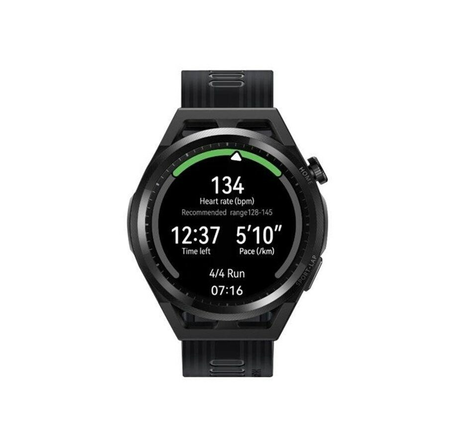 Czarny smartwatch z wyświetlaczem: Tętno 134, Czas 12:37, Tempo 5'10".