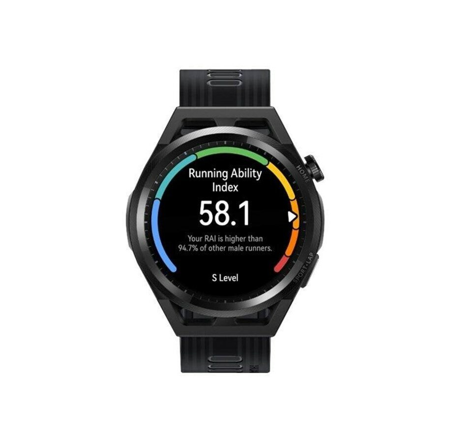 Czarny smartwatch pokazuje wskaźnik zdolności biegowej 58.1, lepszy niż 94.7% biegaczy.