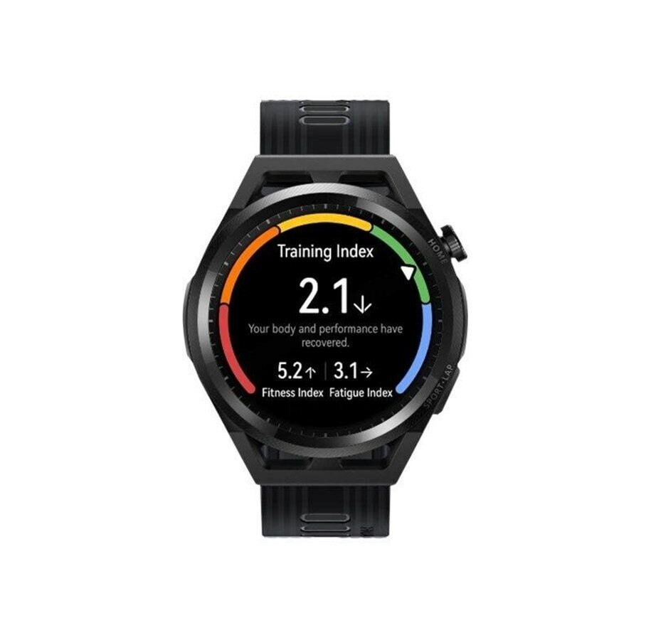 Czarny smartwatch wyświetla Wskaźnik Treningu 2.1, Wskaźnik Kondycji 5.2, Wskaźnik Zmęczenia 3.1.