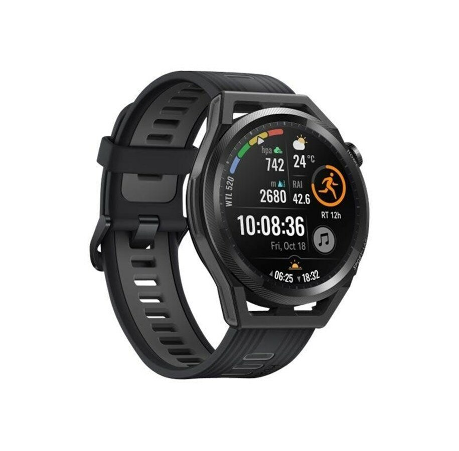 Czarny smartwatch z wyświetlaniem godziny, daty, pogody i statystyk fitness.