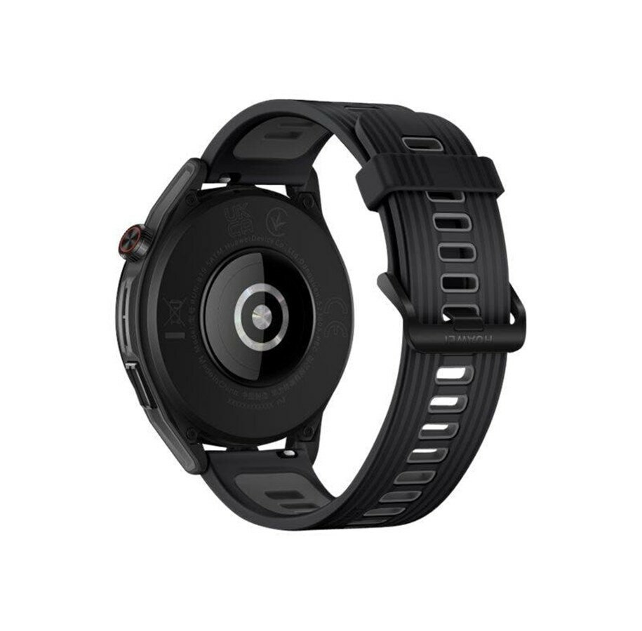 Czarny smartwatch z okrągłą tarczą i teksturowanym paskiem, tył pokazuje czujniki.