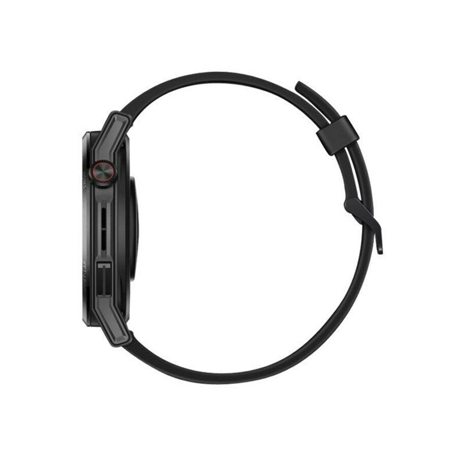 Czarny smartwatch w profilu, widoczny pasek i przyciski.