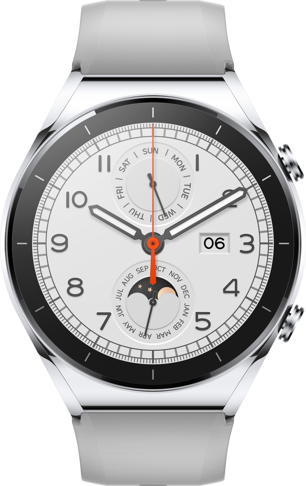 Srebrny smartwatch z białym cyferblatem, datą 06 i wskaźnikiem faz księżyca.