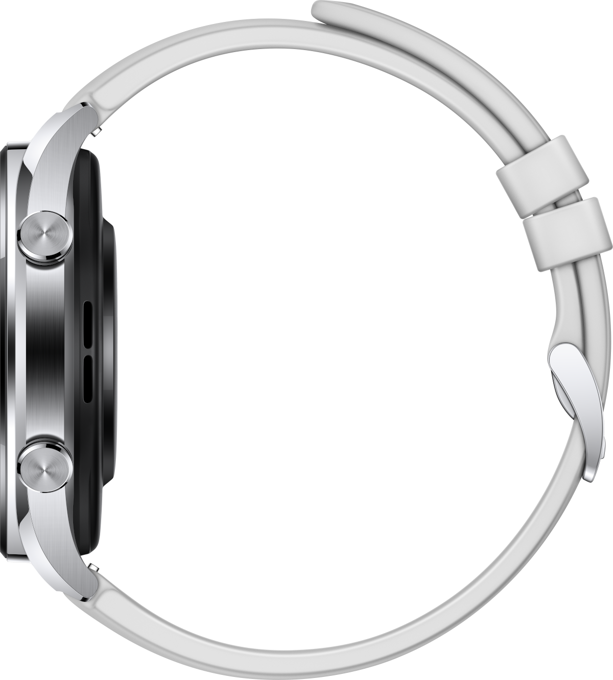 Srebrny smartwatch z białym paskiem, widziany z boku.