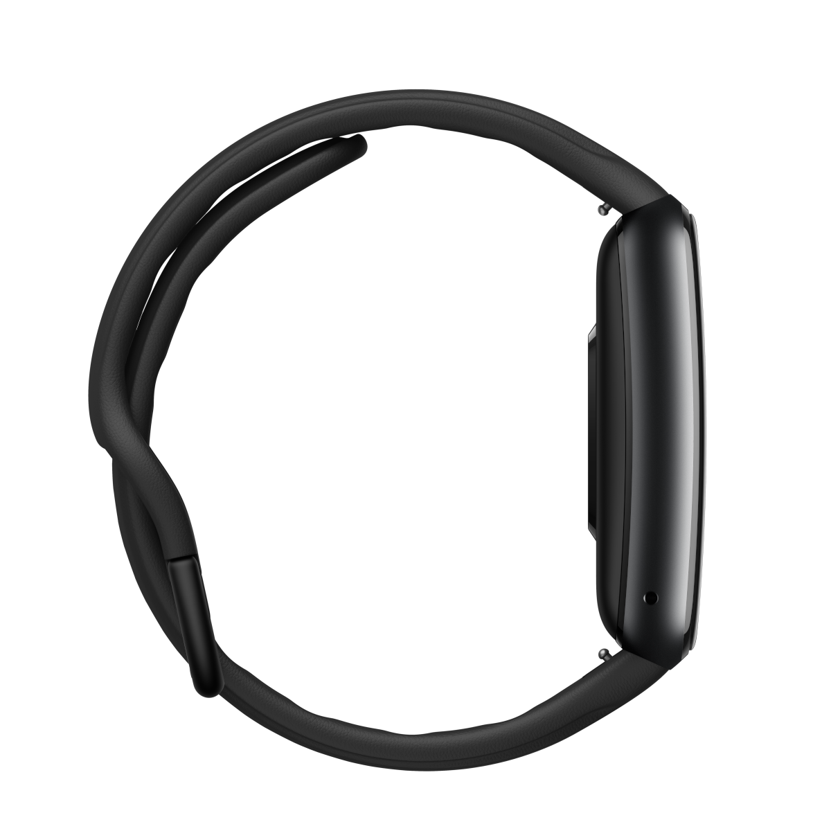 Czarny pasek smartwatch z prostokątną kopertą, pokazany pod różnymi kątami.