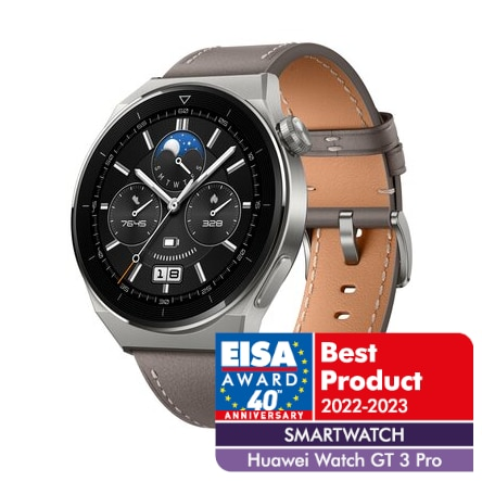 Srebrny smartwatch Huawei Watch GT 3 Pro z szarym skórzanym paskiem, nagroda EISA.
