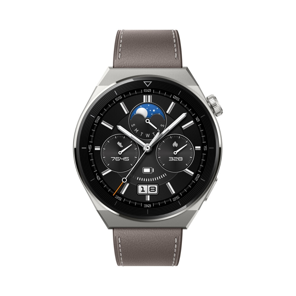 Szary smartwatch z srebrną kopertą i czarną tarczą.