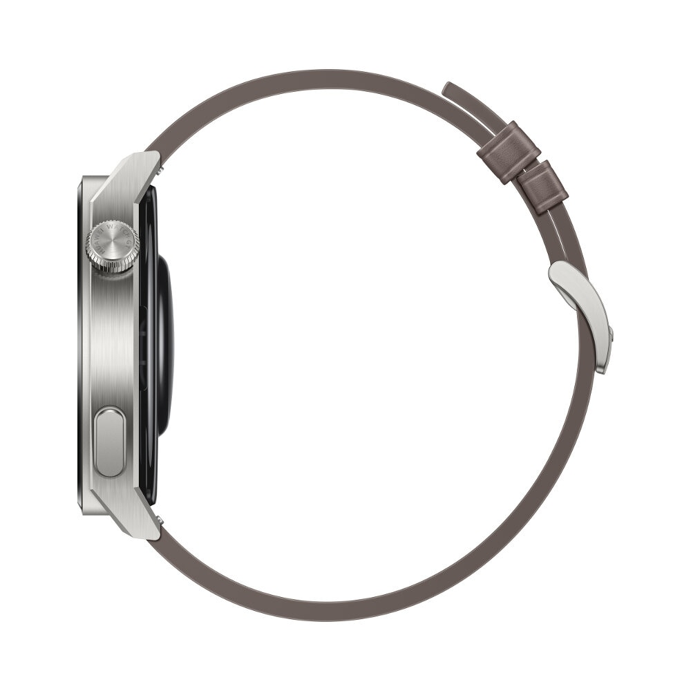 Srebrny smartwatch z brązowym paskiem, widok z boku.