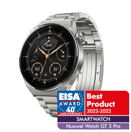 Srebrny smartwatch z czarną tarczą, naklejka EISA Award.
