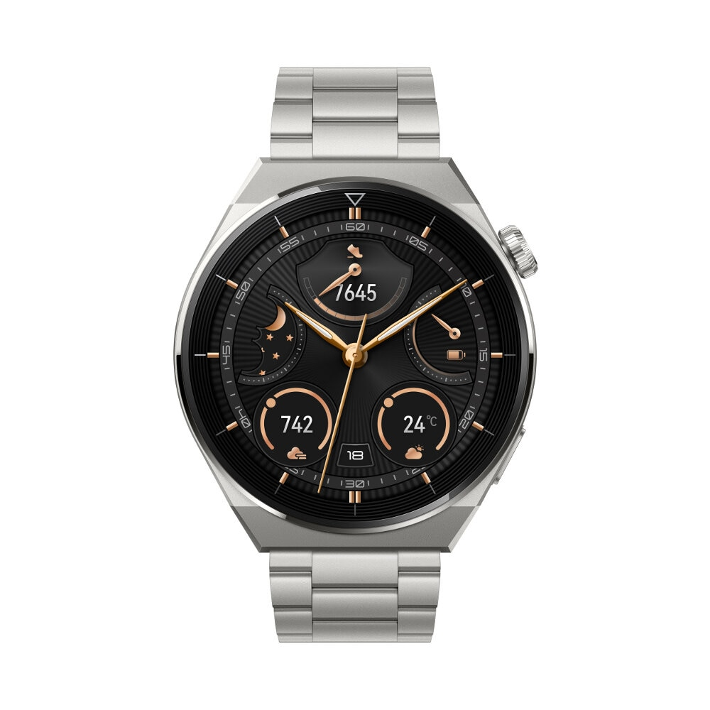 Srebrny smartwatch z czarną tarczą wyświetlającą 1645, 742 i 24°C.