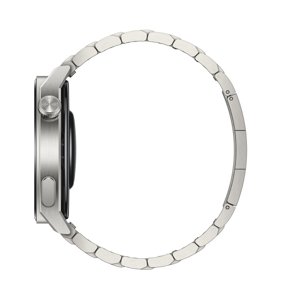 Srebrny smartwatch z metalową bransoletą, widziany z boku.