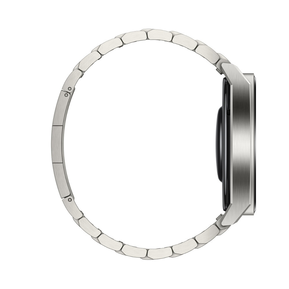 Srebrny smartwatch z bransoletą ogniwkową, pokazany z profilu.